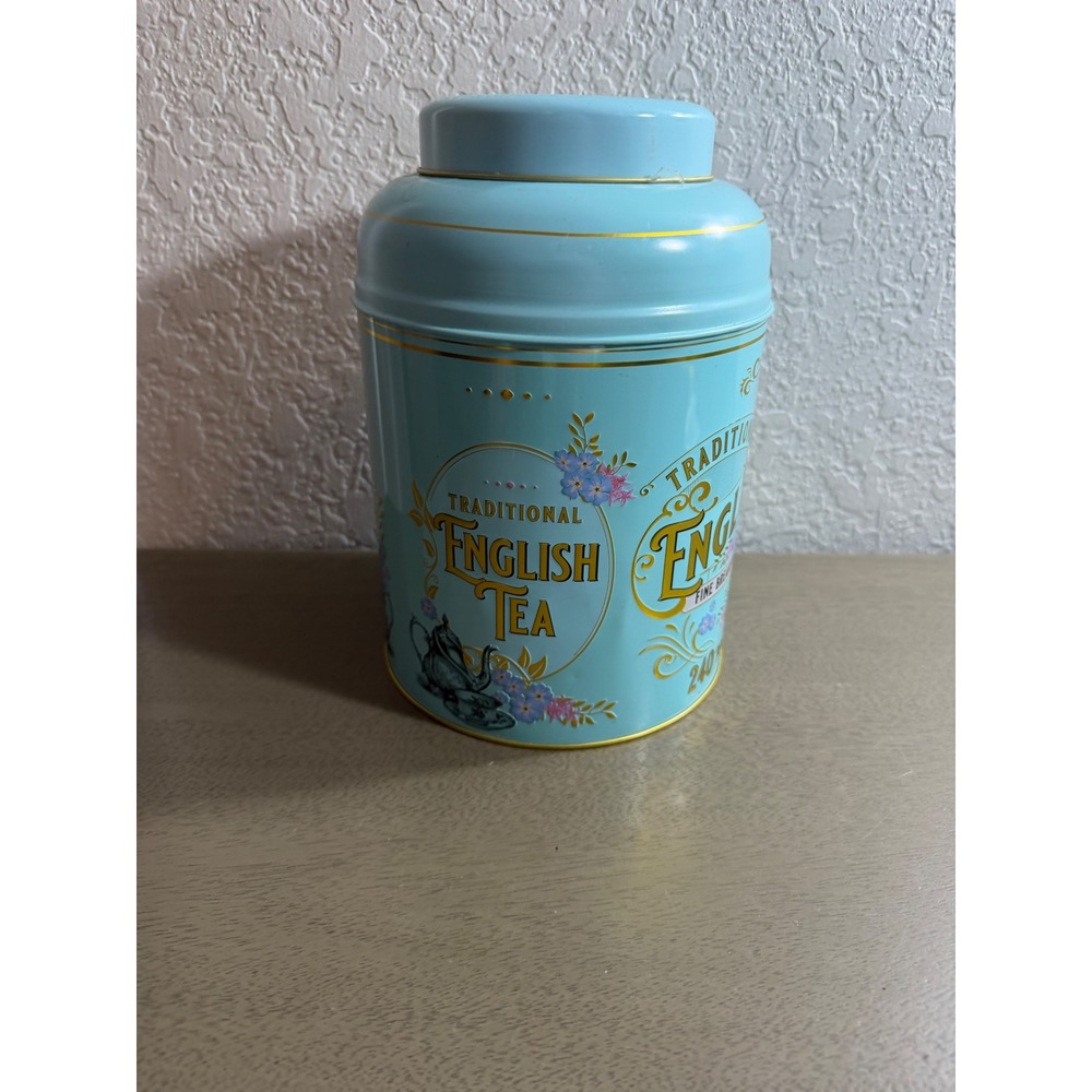 New English Teas Vintage Victorian Breakfast Tea Tin Caddy Blue Forget-Me-Not